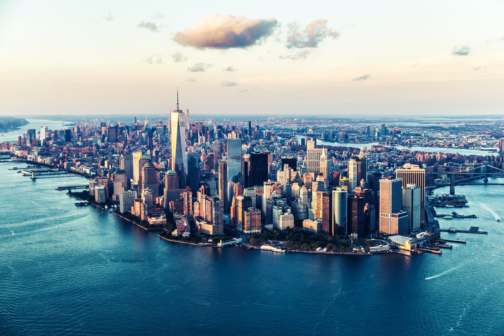 Aerial view of Lower Manhattan at golden hour, photographed by GCShutter